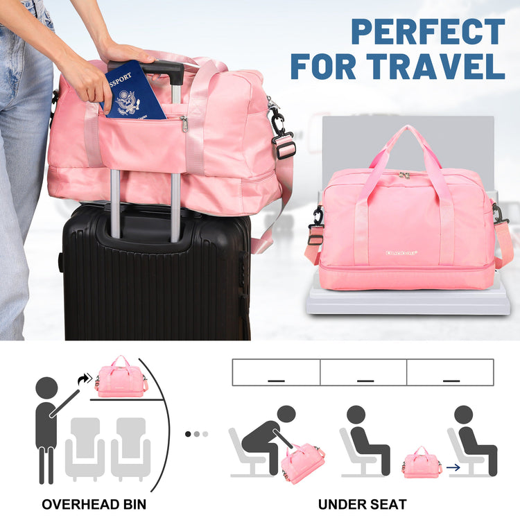 Pink travel bag with a suitcase, passport, and diagram showing its use.
