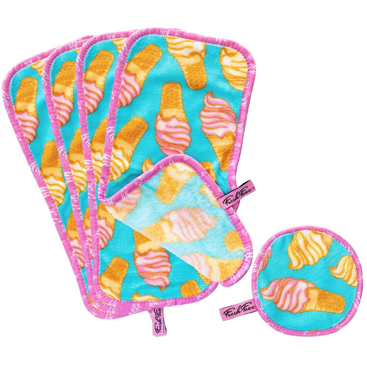 A set of colorful makeup remover towels with a ice cream pattern, displayed in various sizes.