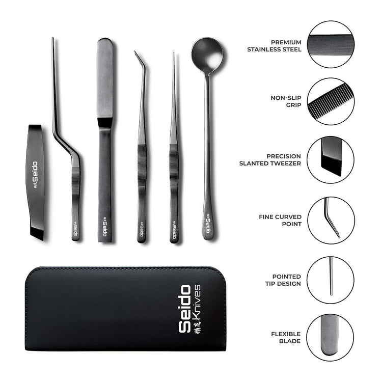 Plating tweezer set infographic showing stainless construction, non-slip grip, fine points, and flexible blade, on a white background.