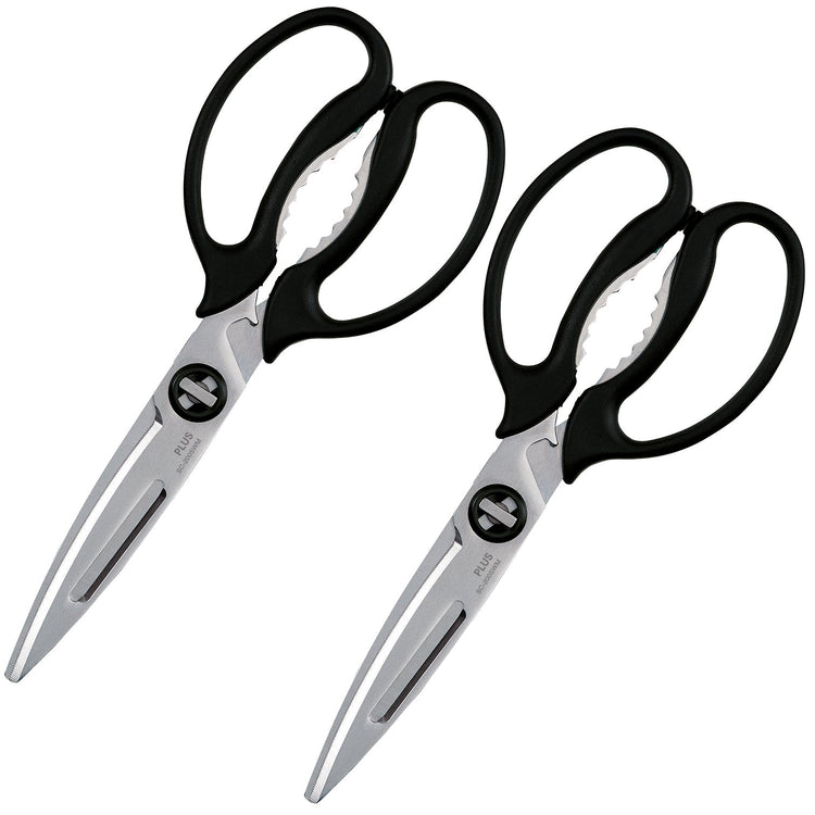 Two pairs of kitchen shears with black handles and silver blades, arranged side by side on a plain white background.