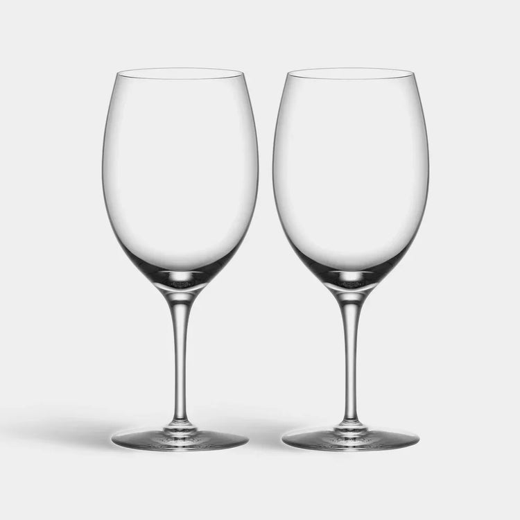 Two clear wine glasses on a white background