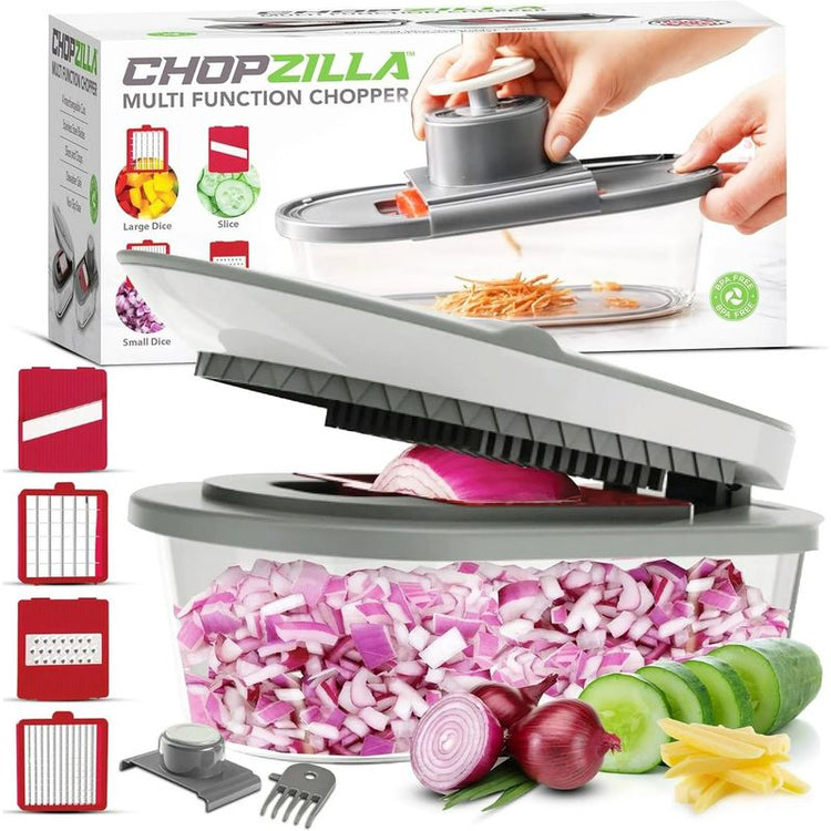 ChopZilla multi-function chopper with sliced vegetables and packaging in the background