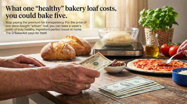 Person counting money on a table with bread, pizza, and kitchen items.