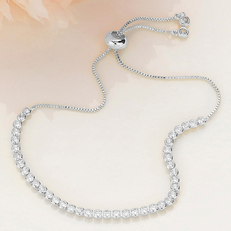 CZ BEZEL ADJUSTABLE PULL TIE BRACELET - SILVER