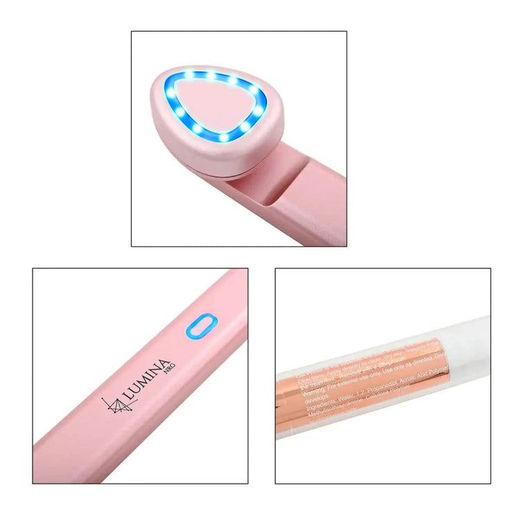 Pink handheld device with LED lights and Lumina branding, showing close-up details on a white background.