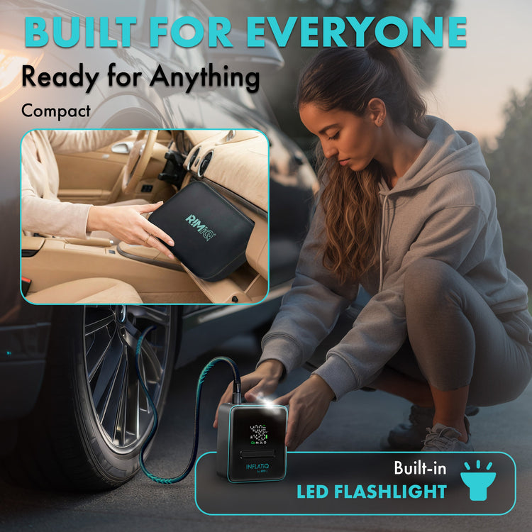 Woman using a portable power station next to a car with text highlighting features like 'Built-in LED Flashlight'.