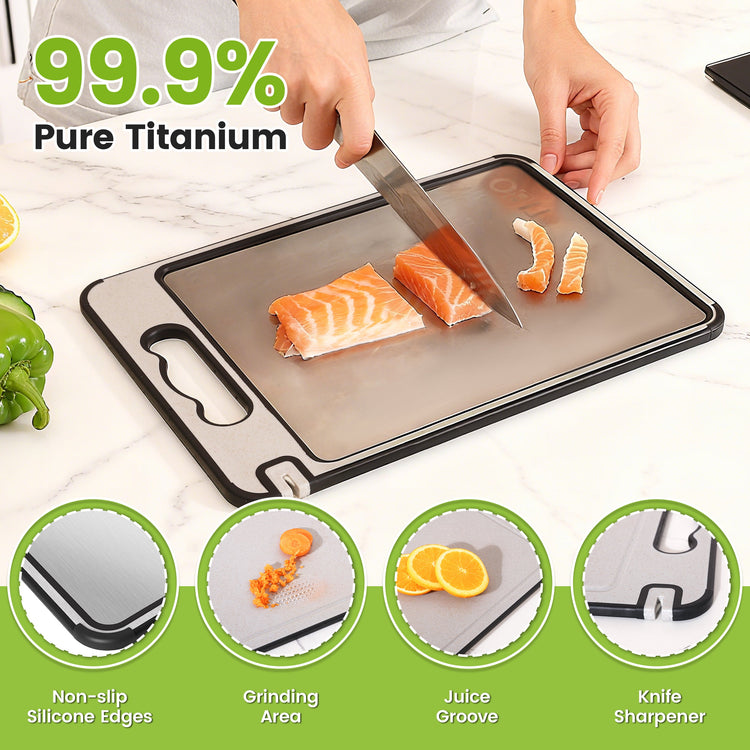 Chopping board with knife cutting salmon, featuring text about titanium purity and product features.