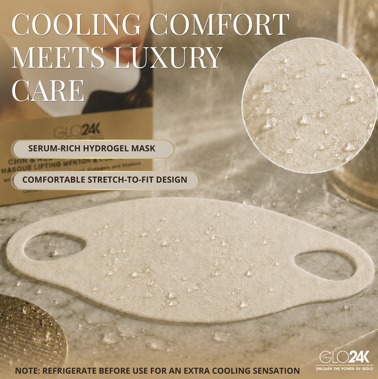 A beige hydrogel face mask with water droplets on its surface, displayed on a marble countertop with a branded box in the background and a circular inset showing the mask texture close-up. Text overlays describe cooling comfort and luxury care.