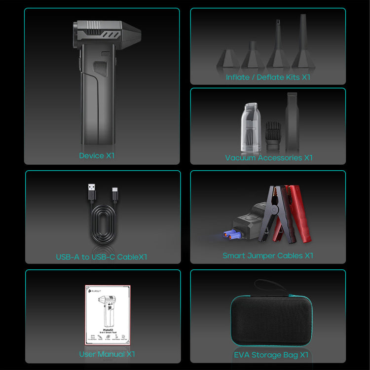 Set of car maintenance tools including a device, USB cable, jump starter cables, and storage bag on a dark background.