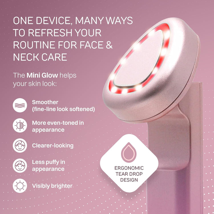 Mini Glow device for face and neck care on a pink background with text highlighting its benefits.