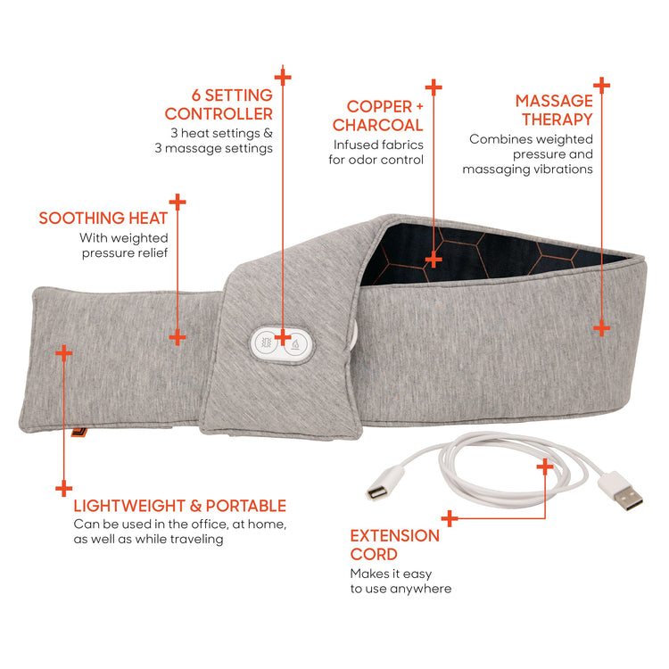 Gray heating pad with features highlighted on a white background