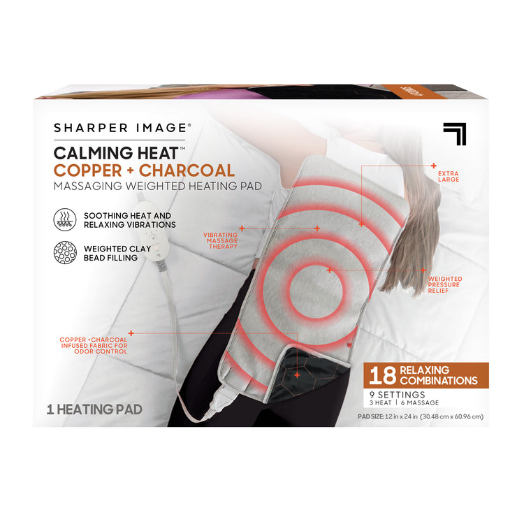 Sharper Image Calming Heat Copper + Charcoal heating pad packaging with text and images of a person using it.
