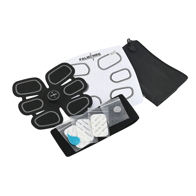 Electrode pads set with a device and accessories on a white background