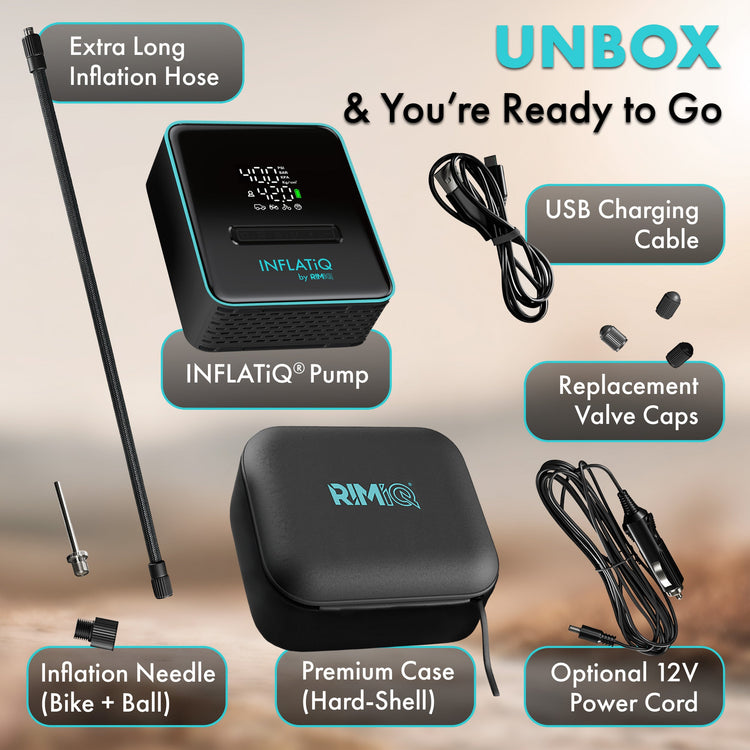 INFLATIQ pump with accessories on a beige background