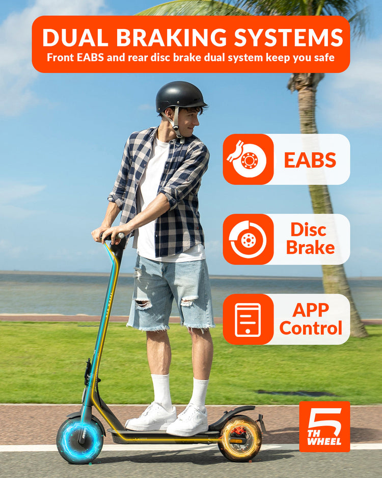 Person riding an electric scooter with safety features highlighted, set against a scenic background.