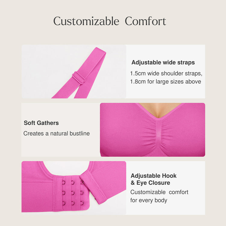 Pink bra with customizable comfort features on a beige background