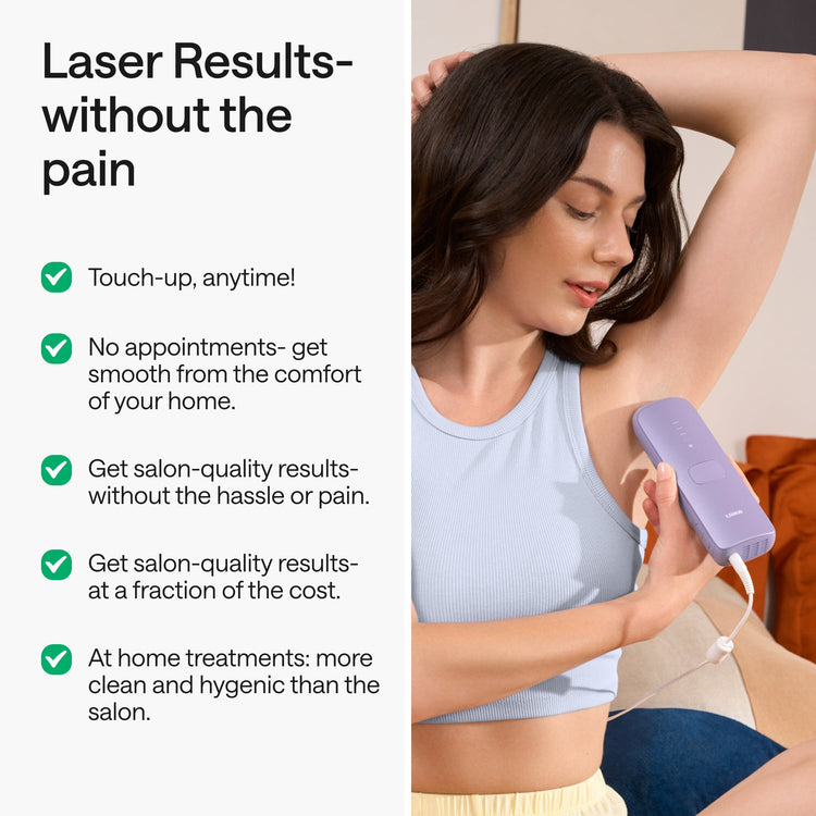 Woman using a laser hair removal device with text highlighting benefits on the left.