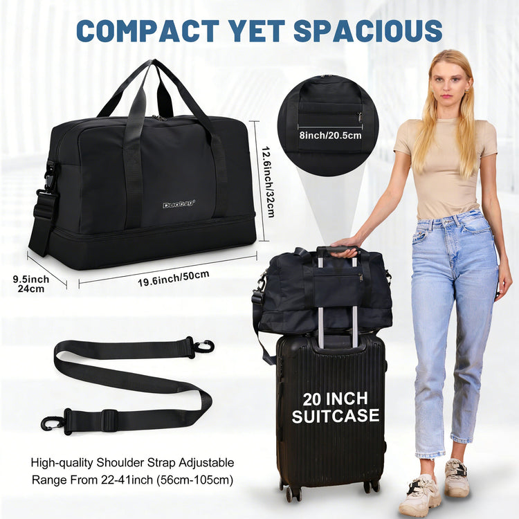 Black suitcase with dimensions and features displayed, including a woman holding it.