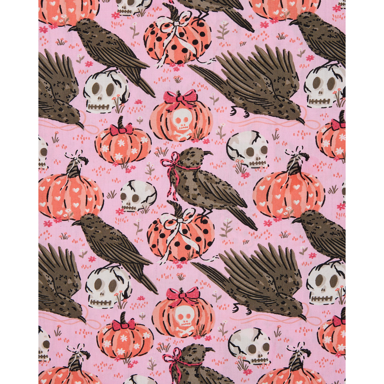 Pattern of crows, pumpkins, and skulls on a pink background