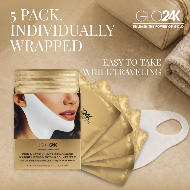 A 5-pack of individually wrapped GLO24K chin and neck line lifting masks, shown with one opened to reveal the white mask sheet, alongside a travel pouch and towel on a beige background.