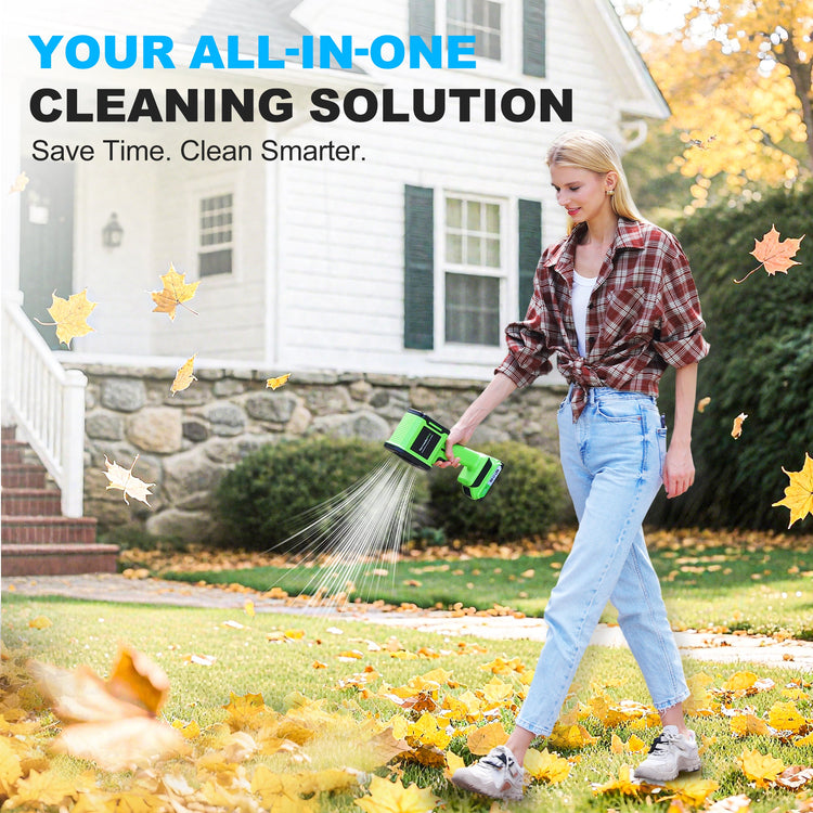 Woman using a cleaning device to clear leaves in front of a house with text about an all-in-one cleaning solution.