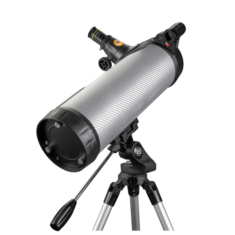 Telescope with a silver tube and black casing on a white background