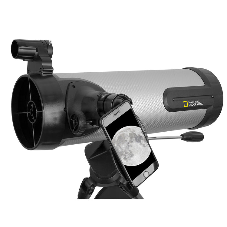 Telescope with smartphone attached, displaying a moon image on a white background