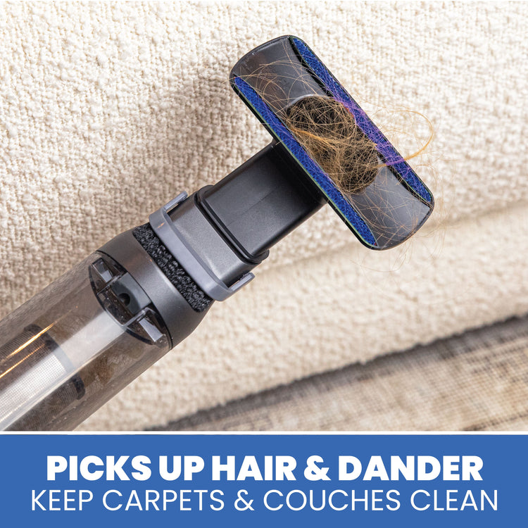 Cleaning tool with hair and dander on a textured surface, with text indicating it picks up hair and dander.
