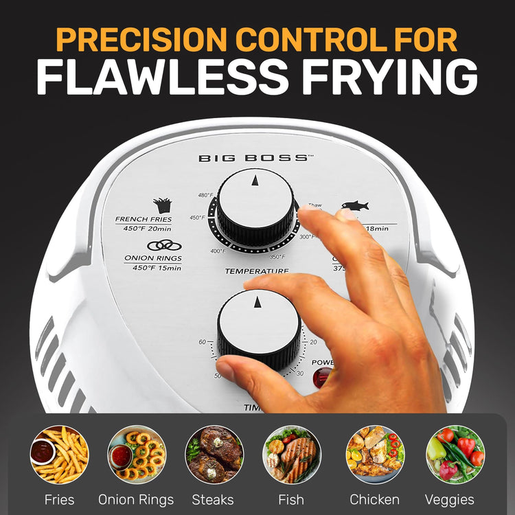 Hand adjusting a dial on a Big Boss air fryer with text 'Precision Control for Flawless Frying'.