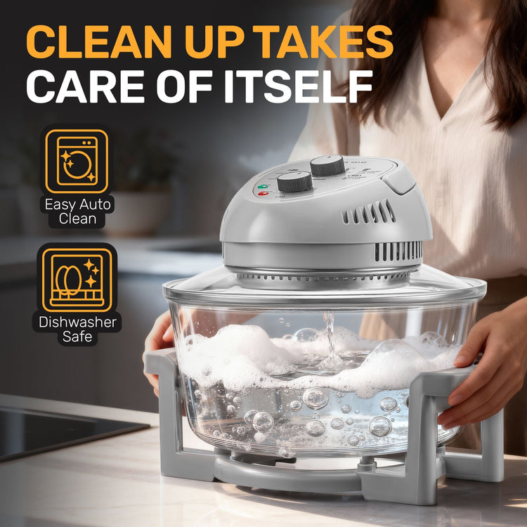 Kitchen appliance with a person holding it, labeled 'Clean Up Takes Care of Itself' with icons for easy auto clean and dishwasher safe.