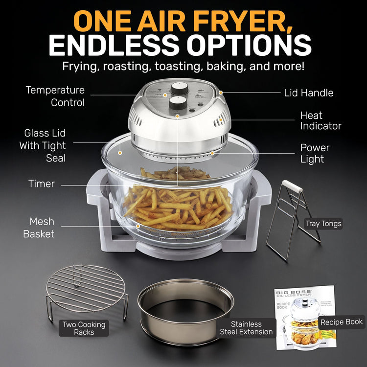 Air fryer with labeled parts on a dark background