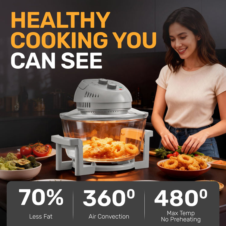 Woman cooking with an air fryer in a kitchen setting, with text highlighting features.