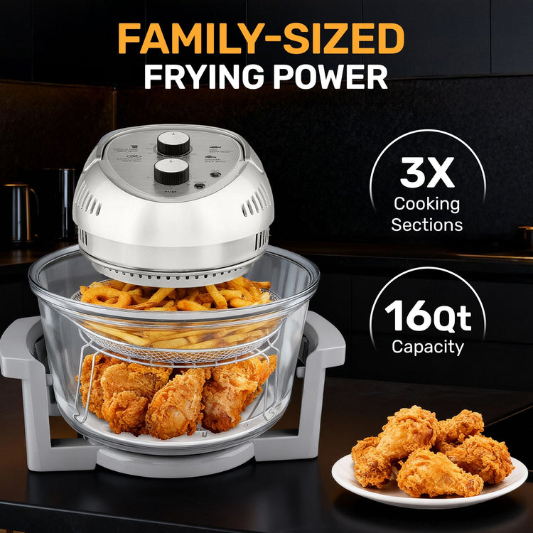 Family-sized frying power with 3x cooking sections and 16qt capacity, showing fried food inside and on a plate.