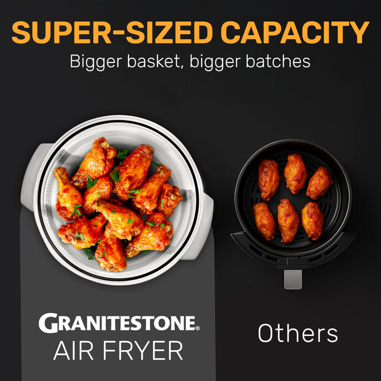 Granitestone air fryer with larger capacity compared to 'Others' on a black background