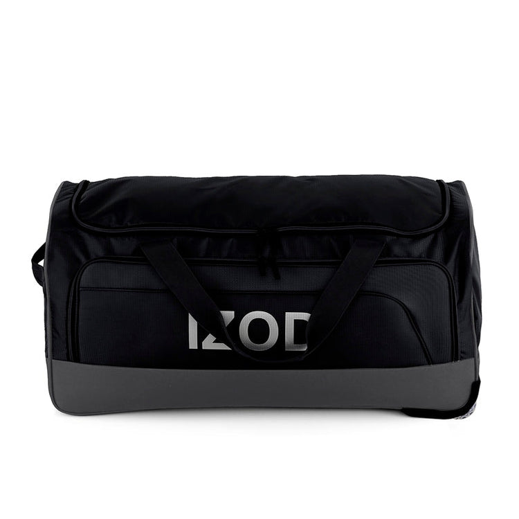 Black duffel bag with 'XO' branding on a white background