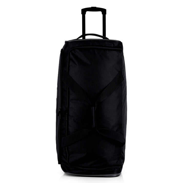 Black rolling suitcase on a white background
