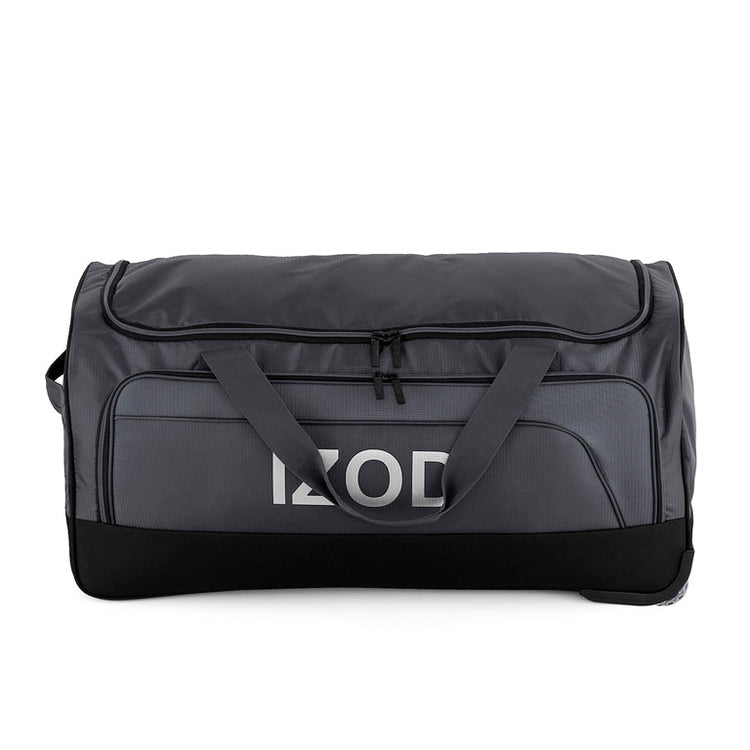 Gray duffel bag with black accents and 'IZOD' branding on a white background