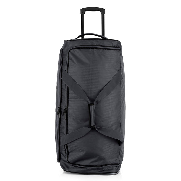 Black rolling duffel bag on a white background