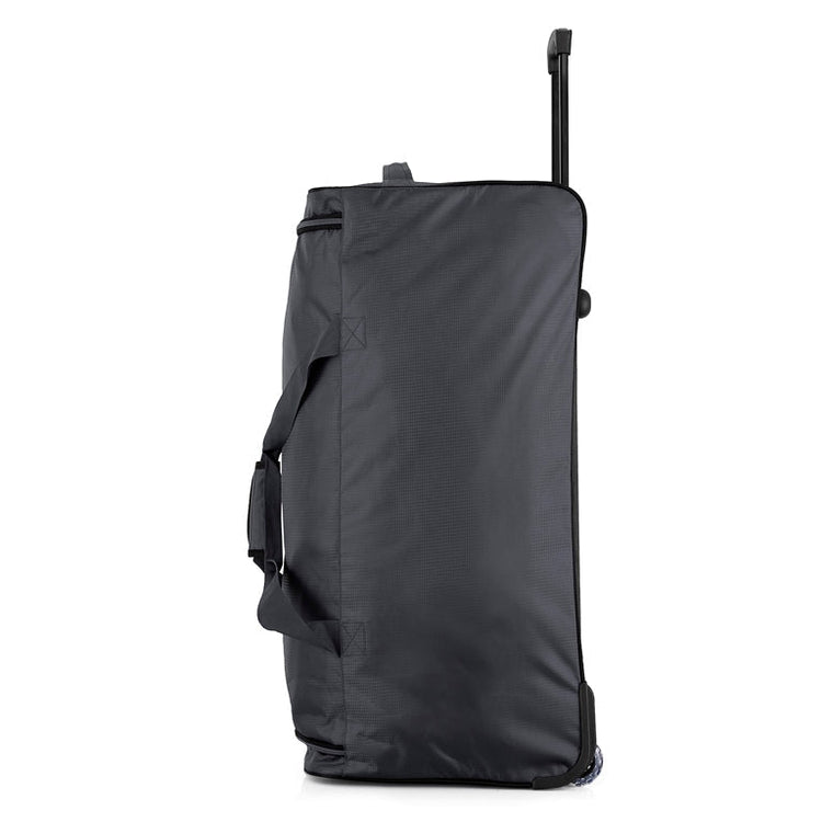 Black rolling suitcase on a white background