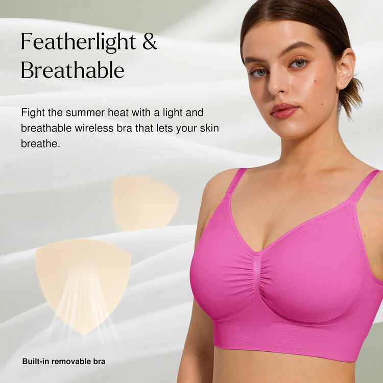 Woman wearing a pink wireless bra with text highlighting its featherlight and breathable properties.