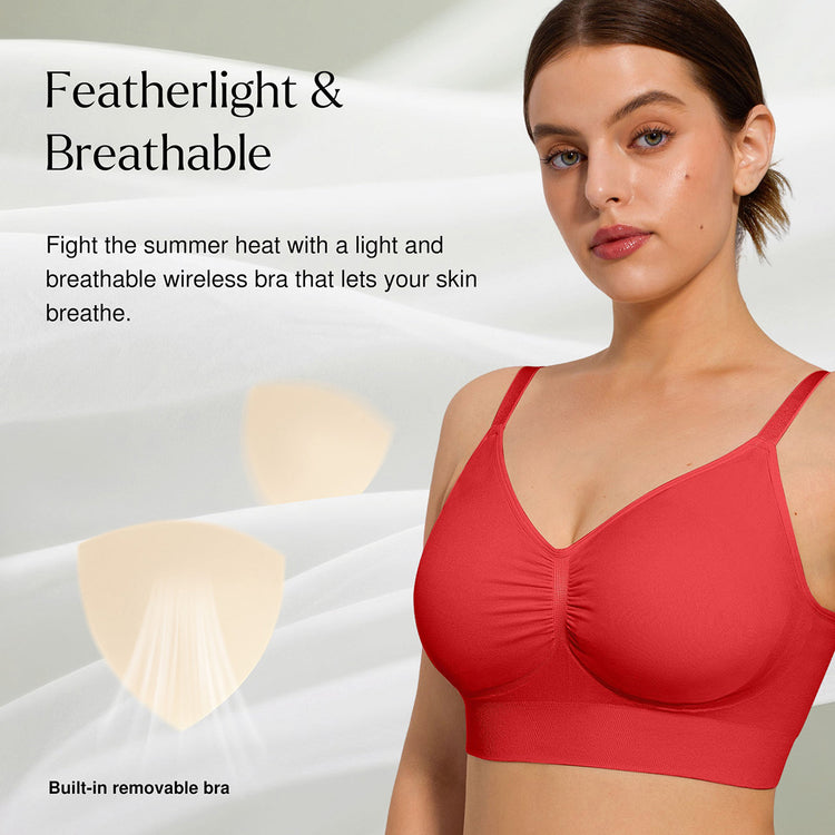 Woman wearing a red wireless bra with text highlighting its featherlight and breathable properties.