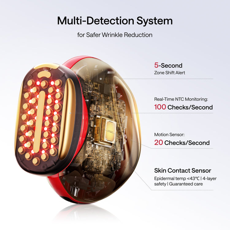 Close-up of a skincare device with technical specifications on a white background