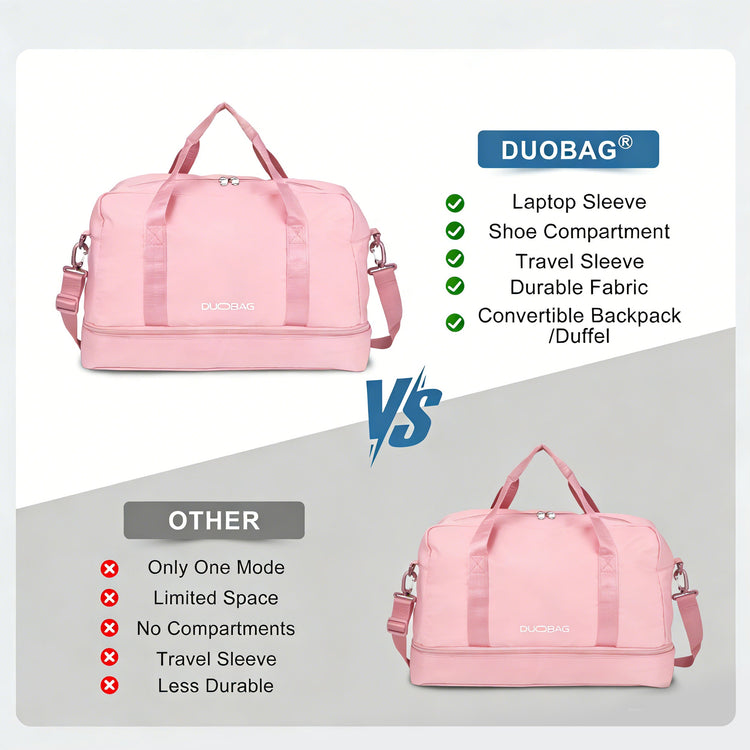 Pink travel bag with DUOBAG branding, featuring product features and comparison to 'Other' option.