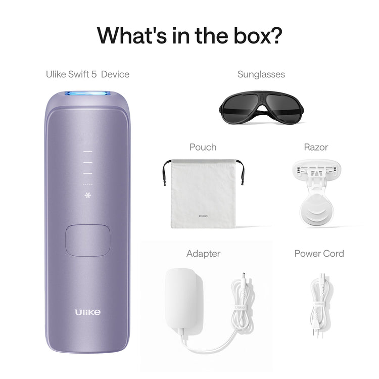 List of items included in a box with Ulike Swift 5 Device, sunglasses, pouch, razor, adapter, and power cord.