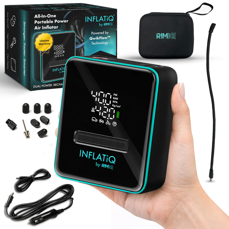 INFLATIQ portable power air inflator with accessories on a white background