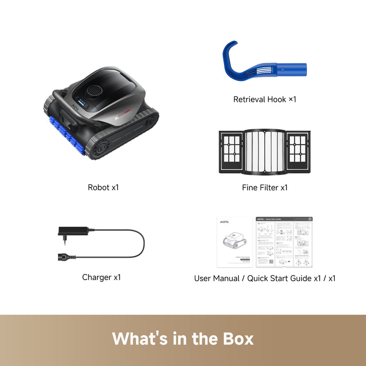 List of items included in a box with robot, filter, hook, and manual.