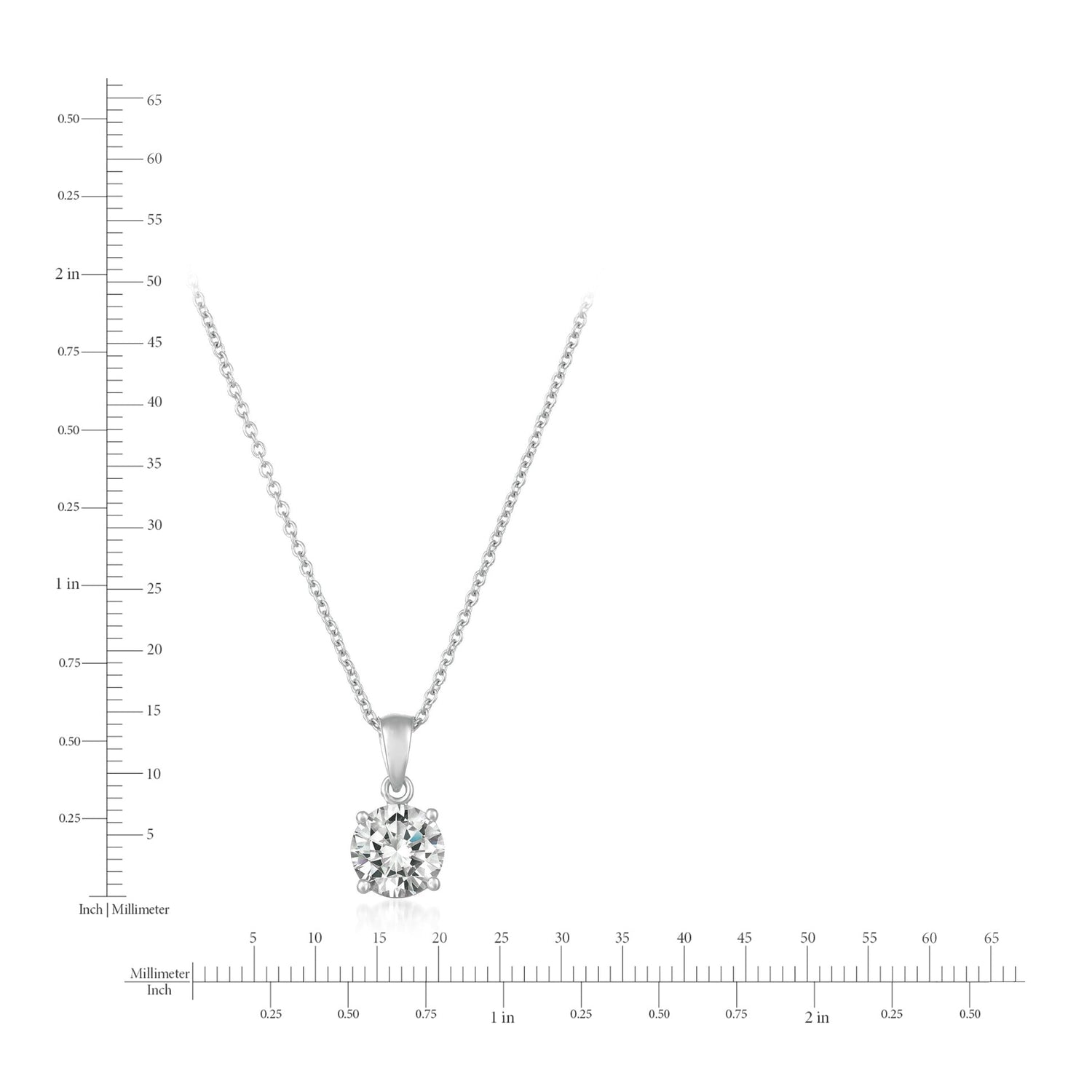 Silver necklace with a diamond pendant on a white background with measurement scale.