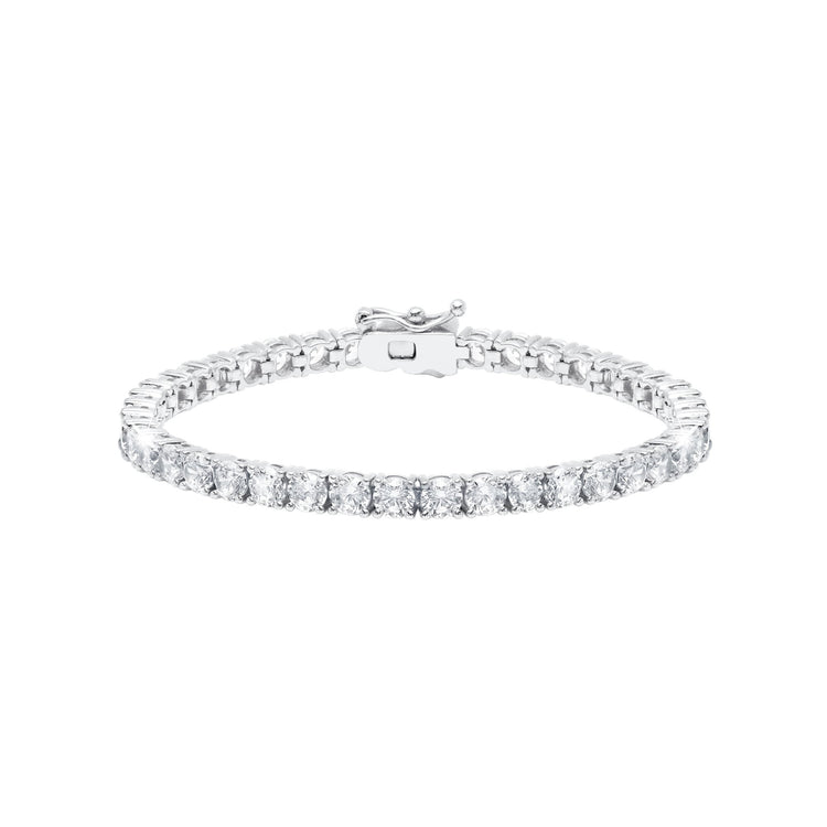 Silver bracelet with clear stones on a white background