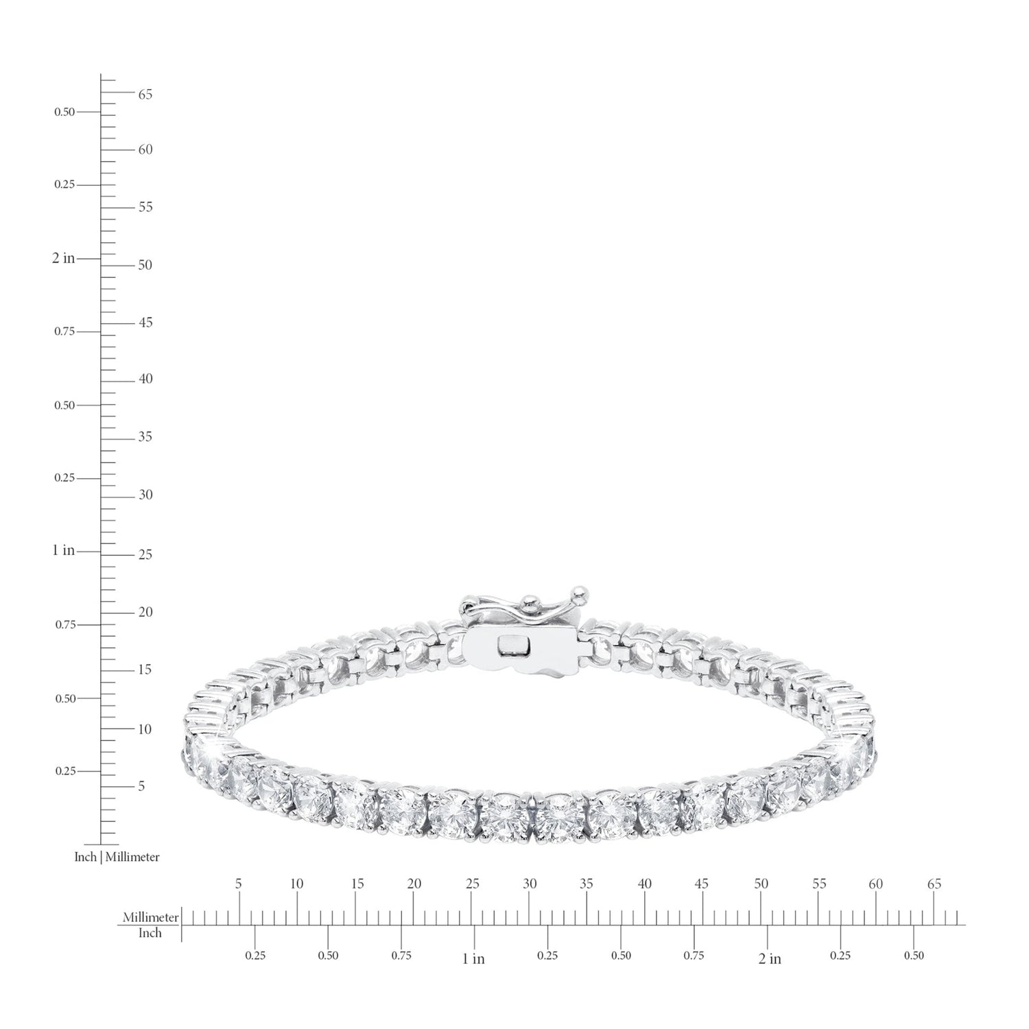 Silver bracelet with clear stones on a white background with measurement scale