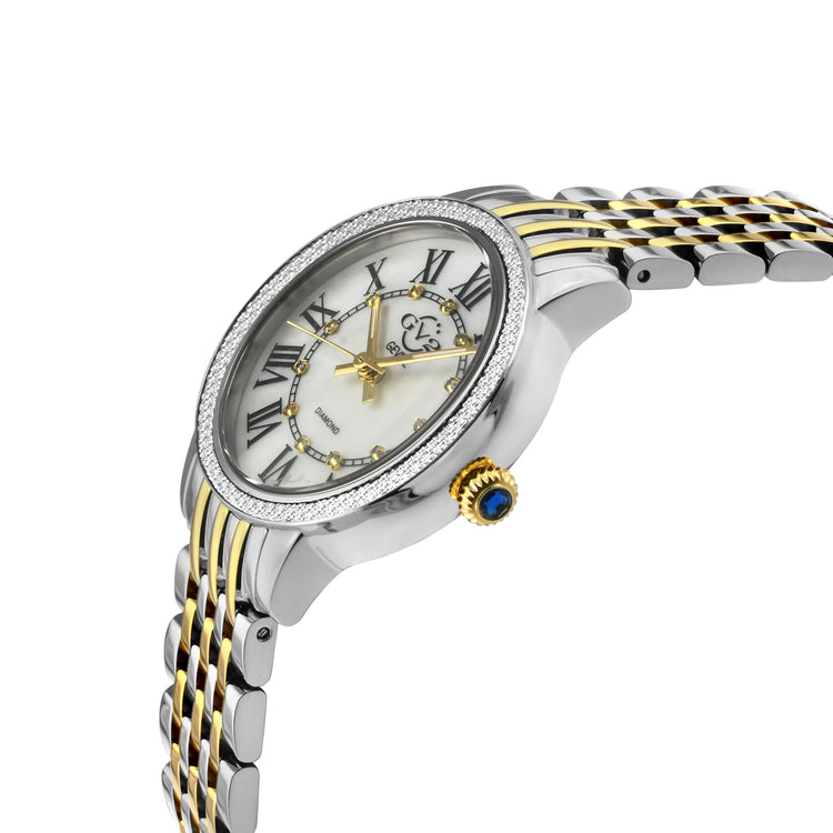 Luxury watch with silver and gold band on a white background